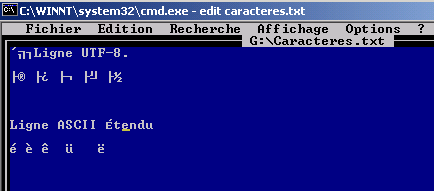 Capture d’écran montrant comment les caractères accentués en UTF-8 sont massacrés dans DOS