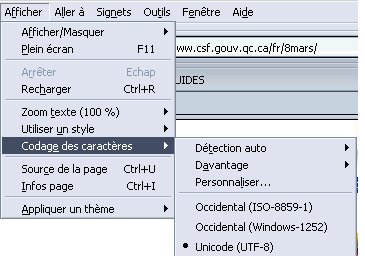 Capture d’écran montrant où changer le codage des caractères dans Netscape