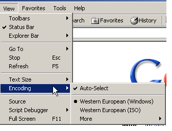 Capture d’écran montrant où changer le codage des caractères dans Internet Explorer