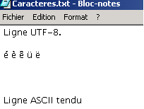 Capture d’écran montrant comment les caractères accentués en ASCII étendu disparaissent dans le Bloc-note