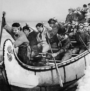 Photo of shooting the rapids in a large canoe.